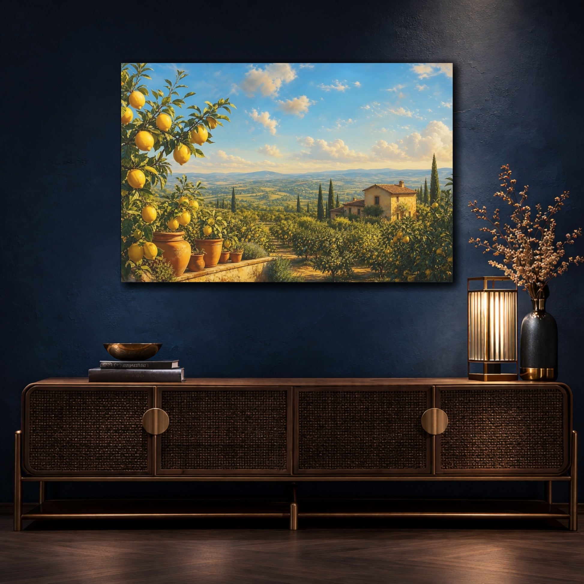 Mockup 4. Nature Lemon Trees Tuscan Lemon Grove shown as stretched canvas wall art
