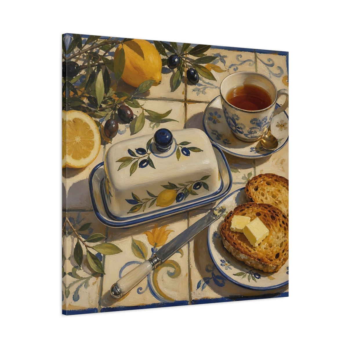 Main Mockup. Nature Lemons And Olives Lemon Olive Breakfast shown as stretched canvas wall art