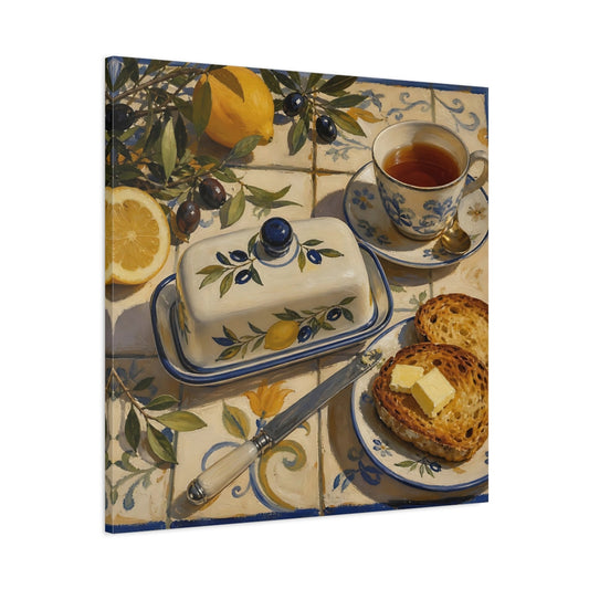 Main Mockup. Nature Lemons And Olives Lemon Olive Breakfast shown as stretched canvas wall art