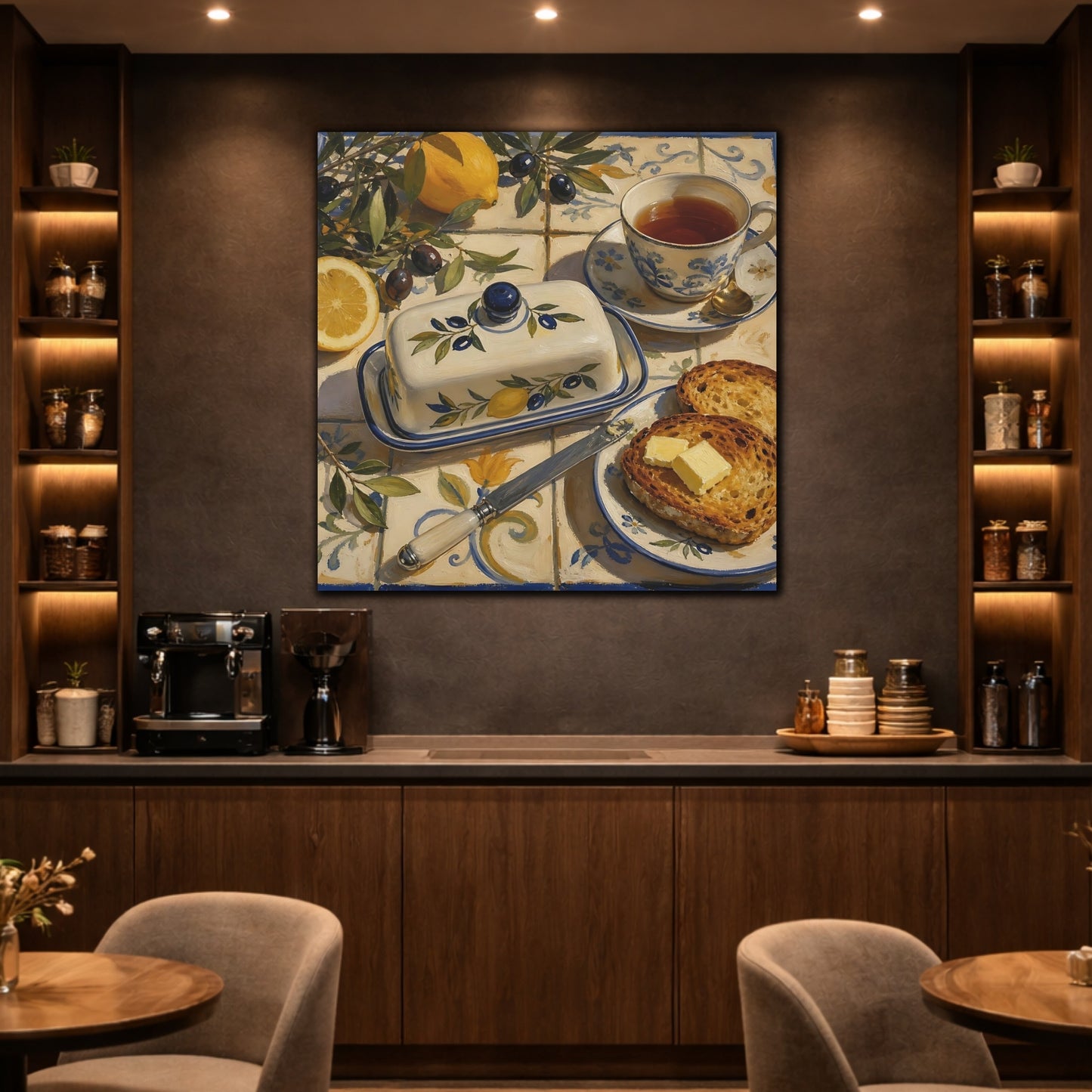 Mockup 2. Nature Lemons And Olives Lemon Olive Breakfast shown as stretched canvas wall art