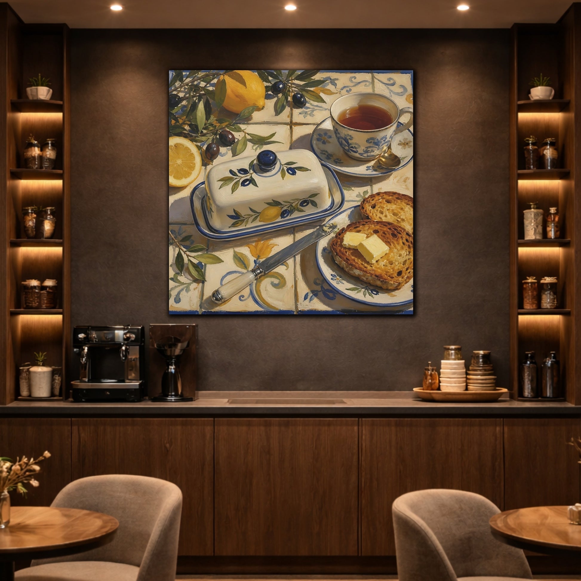 Mockup 2. Nature Lemons And Olives Lemon Olive Breakfast shown as stretched canvas wall art