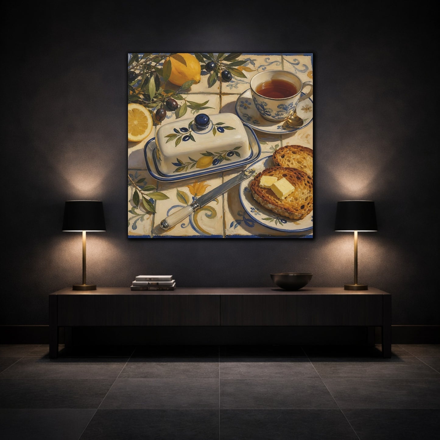 Mockup 3. Nature Lemons And Olives Lemon Olive Breakfast shown as stretched canvas wall art