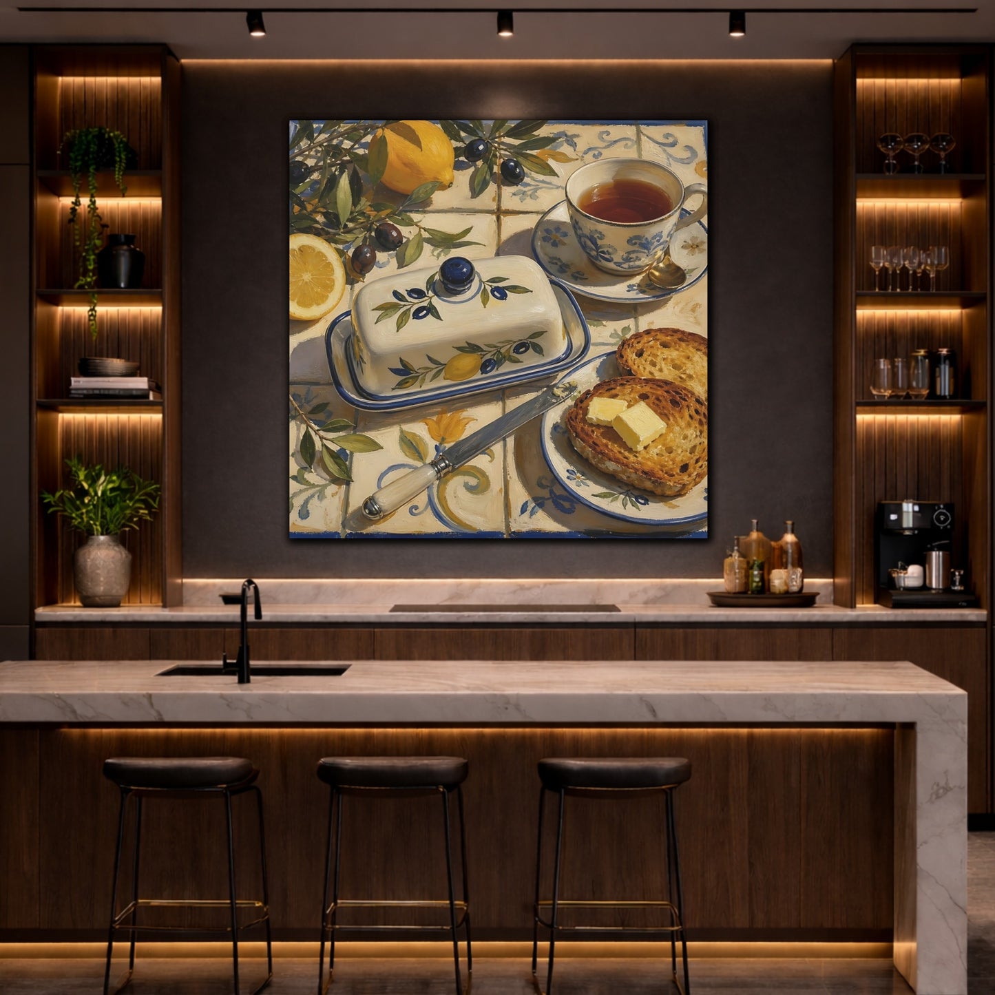 Mockup 4. Nature Lemons And Olives Lemon Olive Breakfast shown as stretched canvas wall art