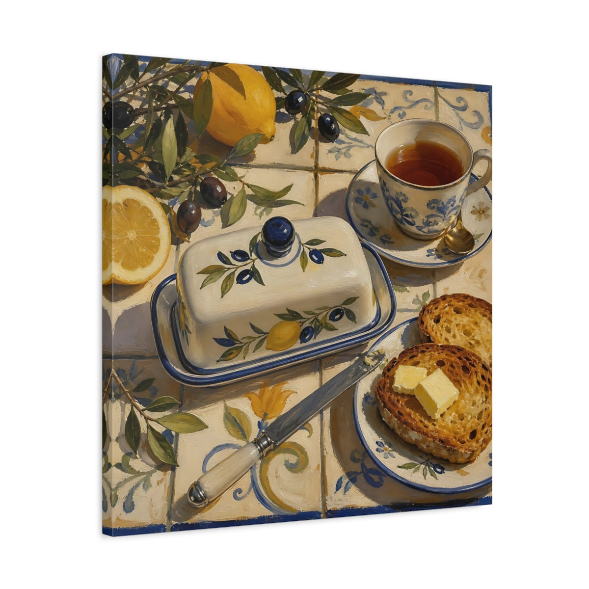 Side Mockup 4. Nature Lemons And Olives Lemon Olive Breakfast shown as stretched canvas wall art