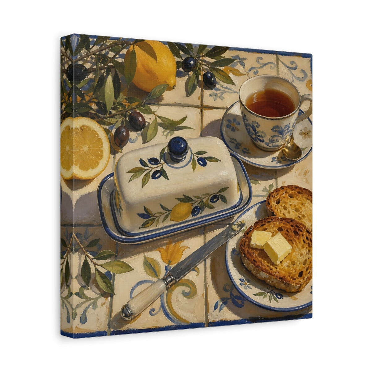 Side Mockup 8. Nature Lemons And Olives Lemon Olive Breakfast shown as stretched canvas wall art