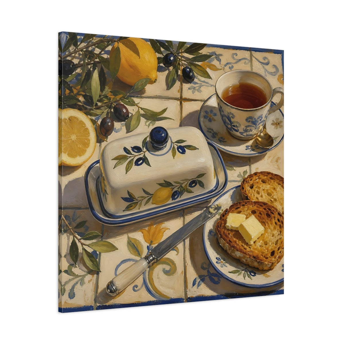 Side Mockup 1. Nature Lemons And Olives Lemon Olive Breakfast shown as stretched canvas wall art