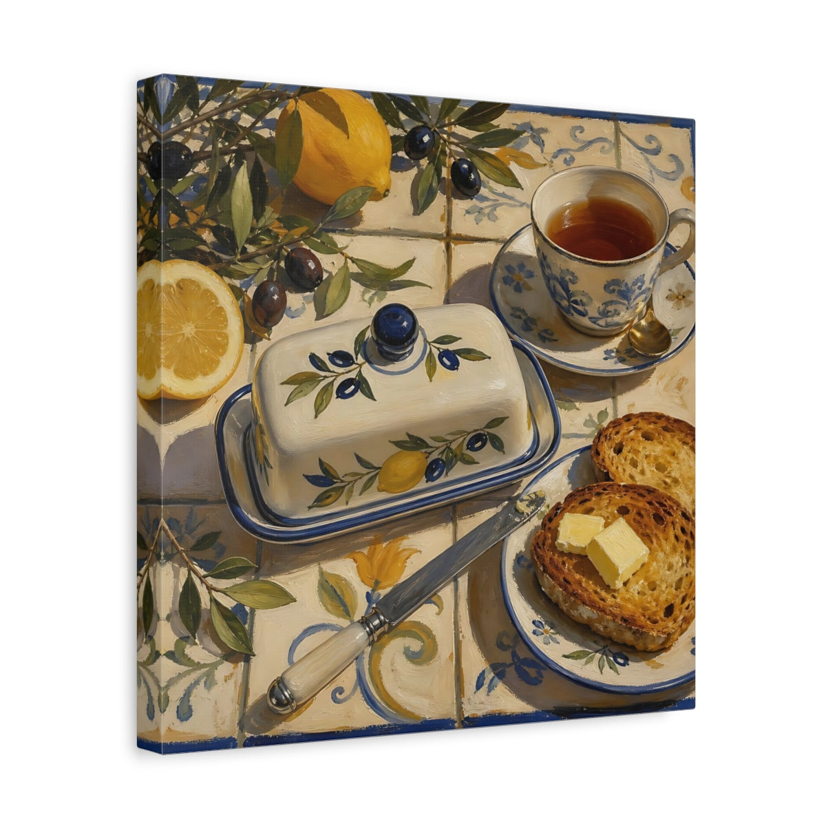 Side Mockup 7. Nature Lemons And Olives Lemon Olive Breakfast shown as stretched canvas wall art