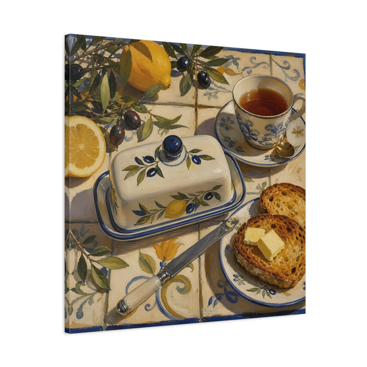 Side Mockup 3. Nature Lemons And Olives Lemon Olive Breakfast shown as stretched canvas wall art