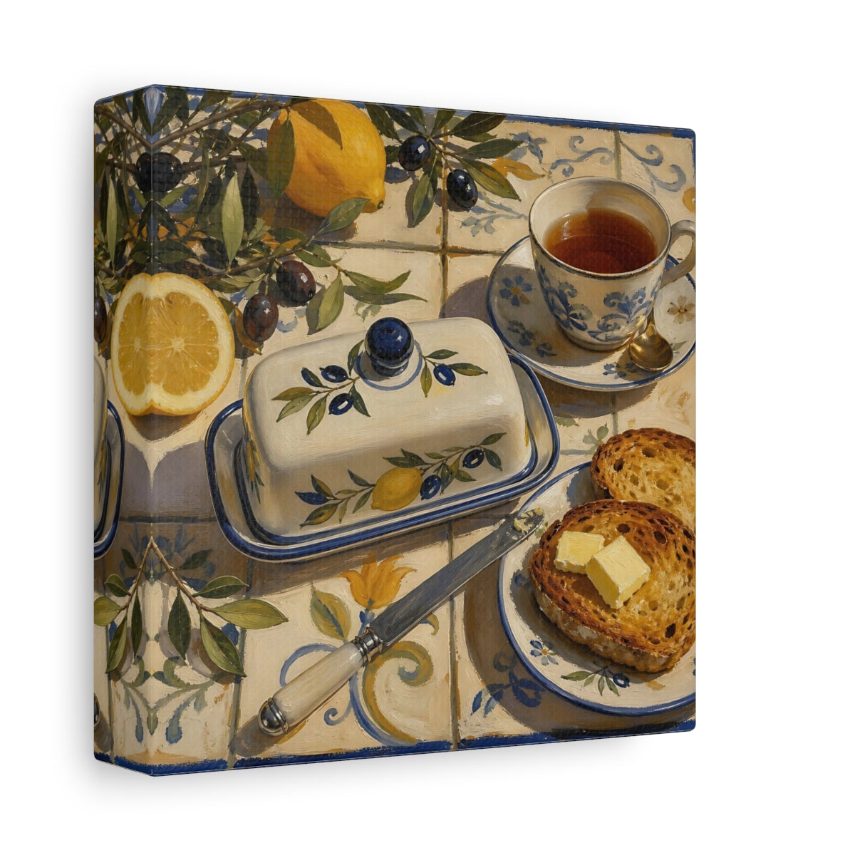 Side Mockup 2. Nature Lemons And Olives Lemon Olive Breakfast shown as stretched canvas wall art
