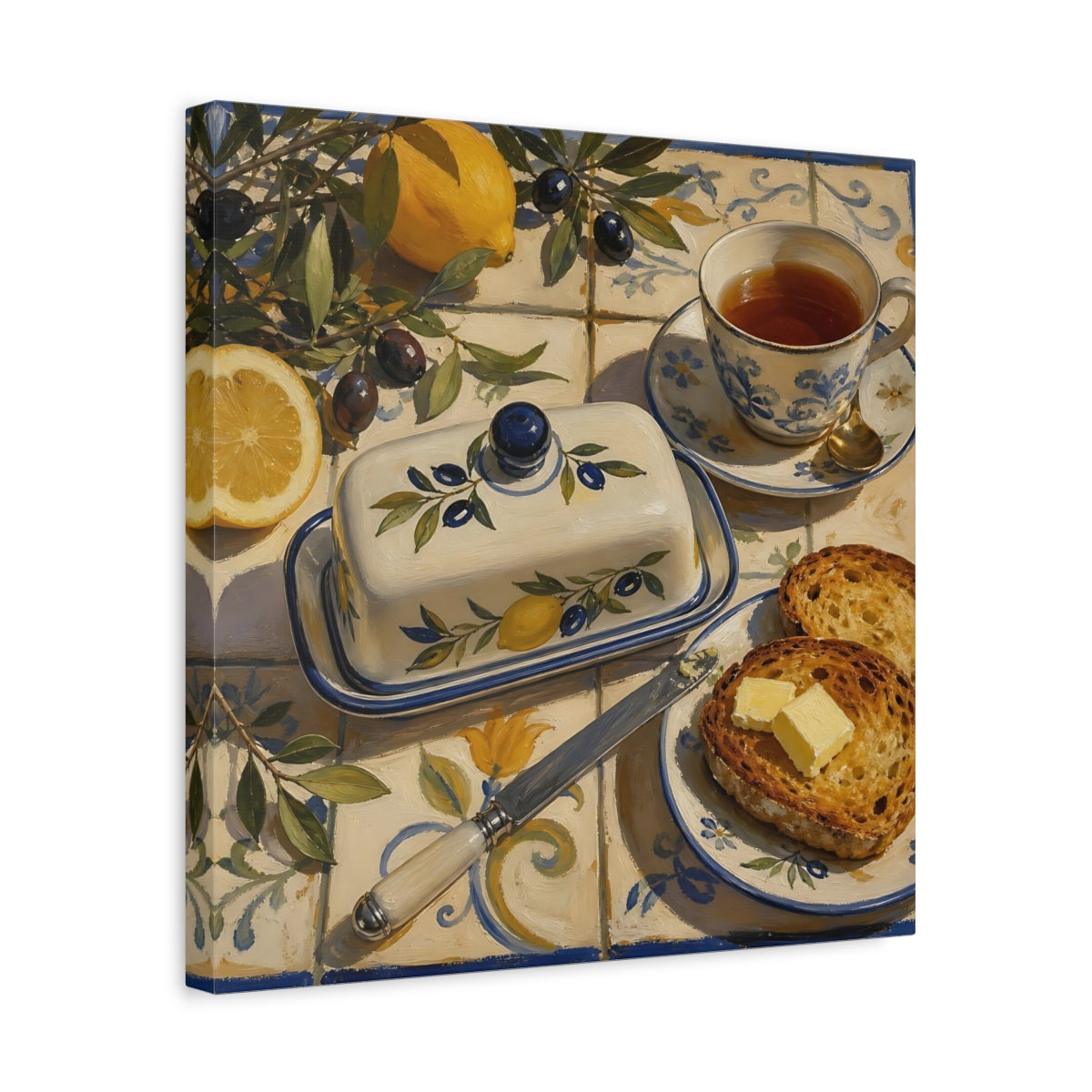 Side Mockup 6. Nature Lemons And Olives Lemon Olive Breakfast shown as stretched canvas wall art