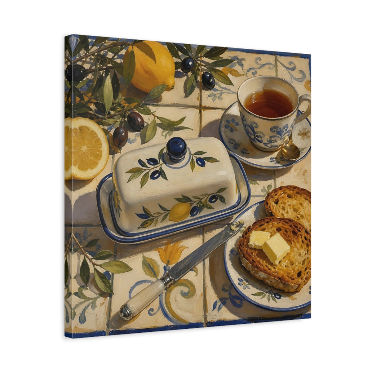 Side Mockup 5. Nature Lemons And Olives Lemon Olive Breakfast shown as stretched canvas wall art