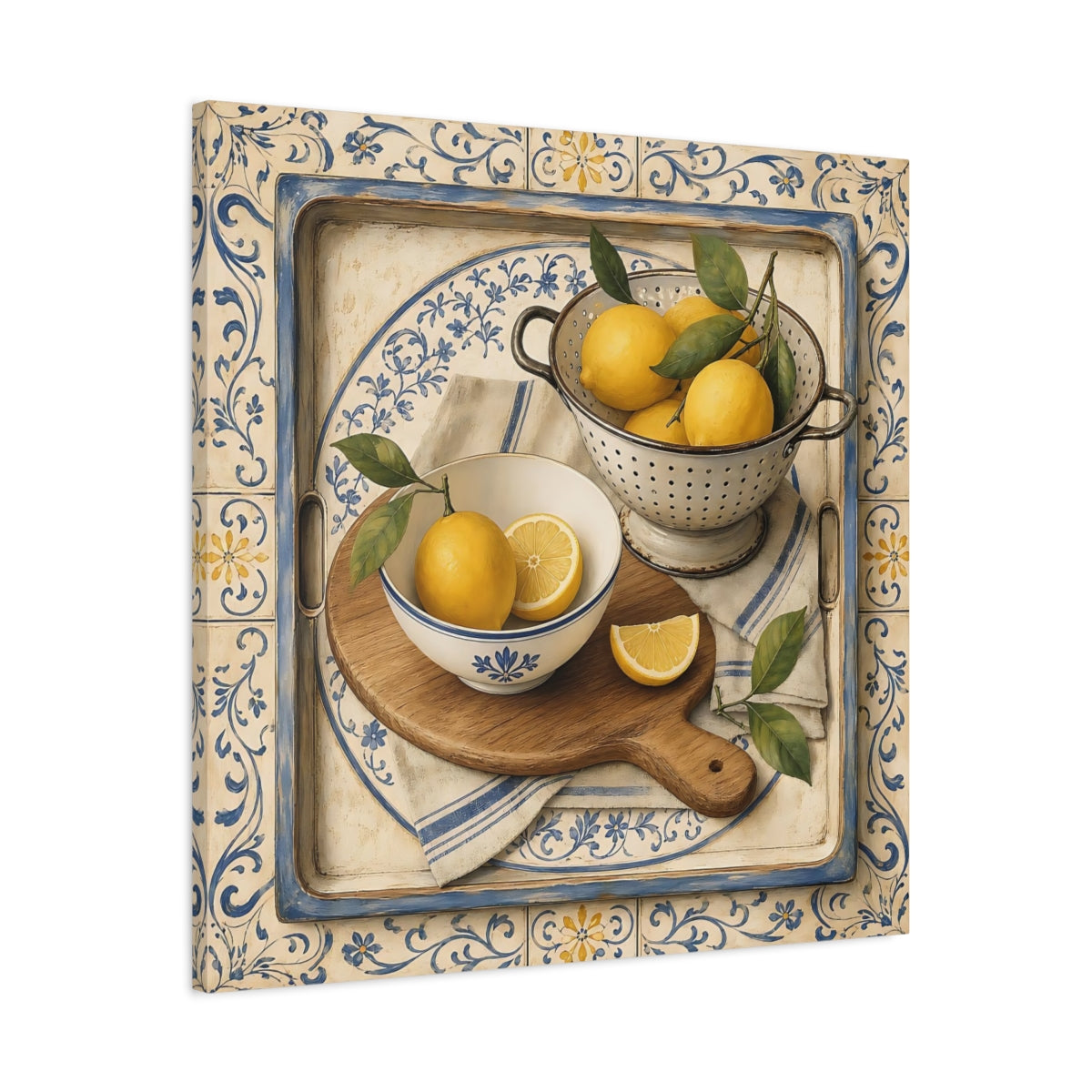 Side Mockup 3. Nature Lemons Lemons Blue Tile shown as stretched canvas wall art