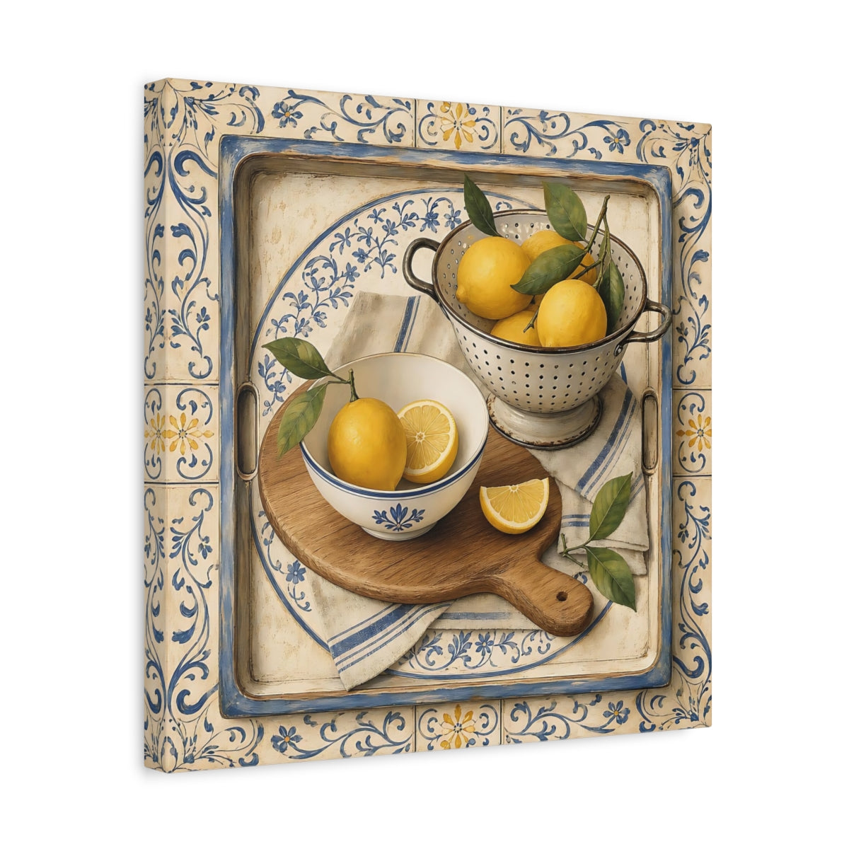Side Mockup 6. Nature Lemons Lemons Blue Tile shown as stretched canvas wall art