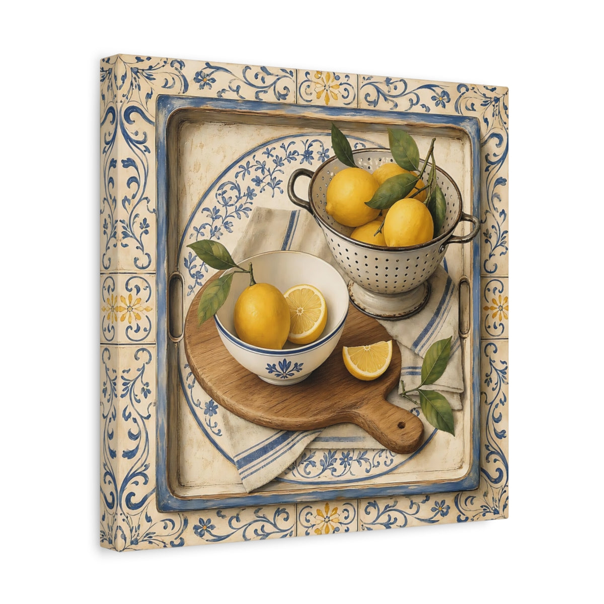 Side Mockup 7. Nature Lemons Lemons Blue Tile shown as stretched canvas wall art