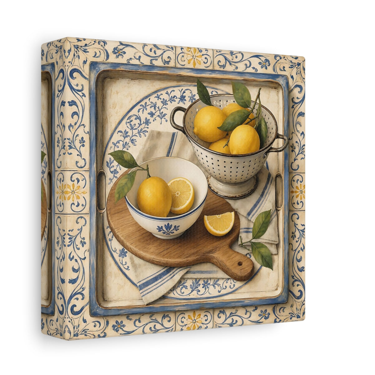 Side Mockup 2. Nature Lemons Lemons Blue Tile shown as stretched canvas wall art