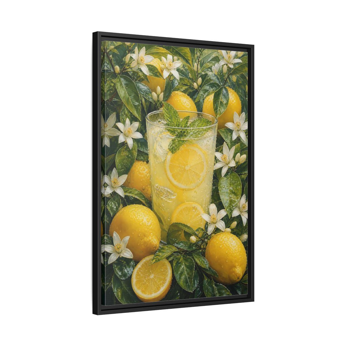 Nature Lemons Lemonade Yellow Framed Canvas Wall Art - Kitchen, Breakfast Nook, Green shown as canvas wall art