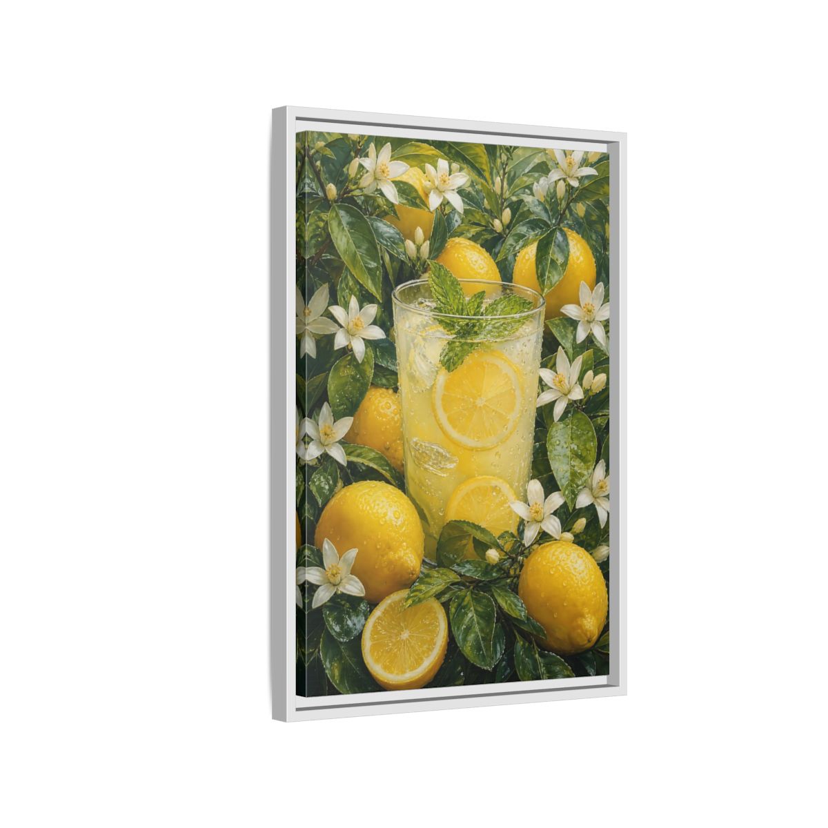 Nature Lemons Lemonade Yellow Framed Canvas Wall Art - Kitchen, Breakfast Nook, Green shown as canvas wall art