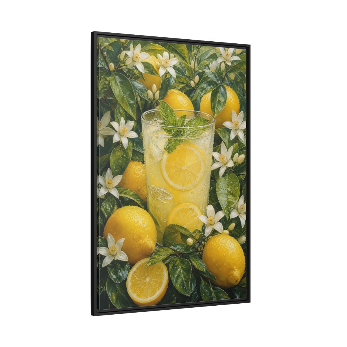 Nature Lemons Lemonade Yellow Framed Canvas Wall Art - Kitchen, Breakfast Nook, Green shown as canvas wall art