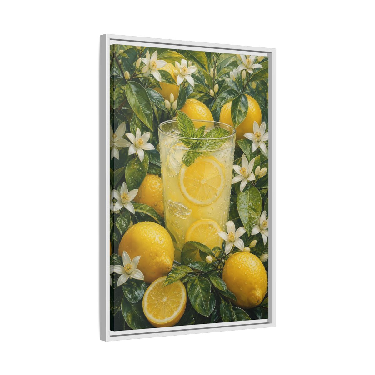 Nature Lemons Lemonade Yellow Framed Canvas Wall Art - Kitchen, Breakfast Nook, Green shown as canvas wall art