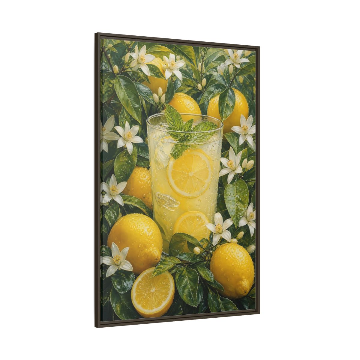 Nature Lemons Lemonade Yellow Framed Canvas Wall Art - Kitchen, Breakfast Nook, Green shown as canvas wall art