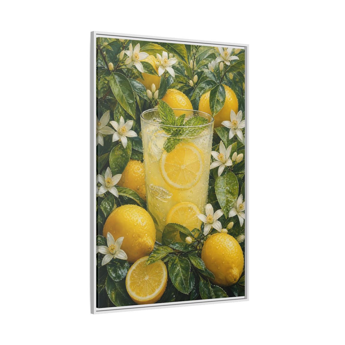 Nature Lemons Lemonade Yellow Framed Canvas Wall Art - Kitchen, Breakfast Nook, Green shown as canvas wall art