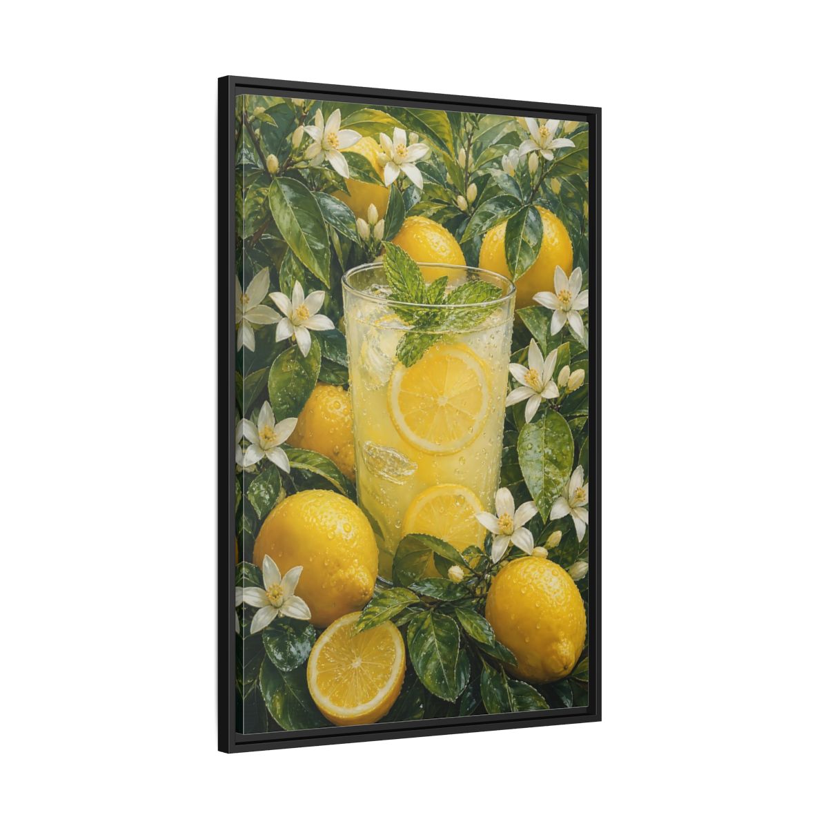 Nature Lemons Lemonade Yellow Framed Canvas Wall Art - Kitchen, Breakfast Nook, Green shown as canvas wall art