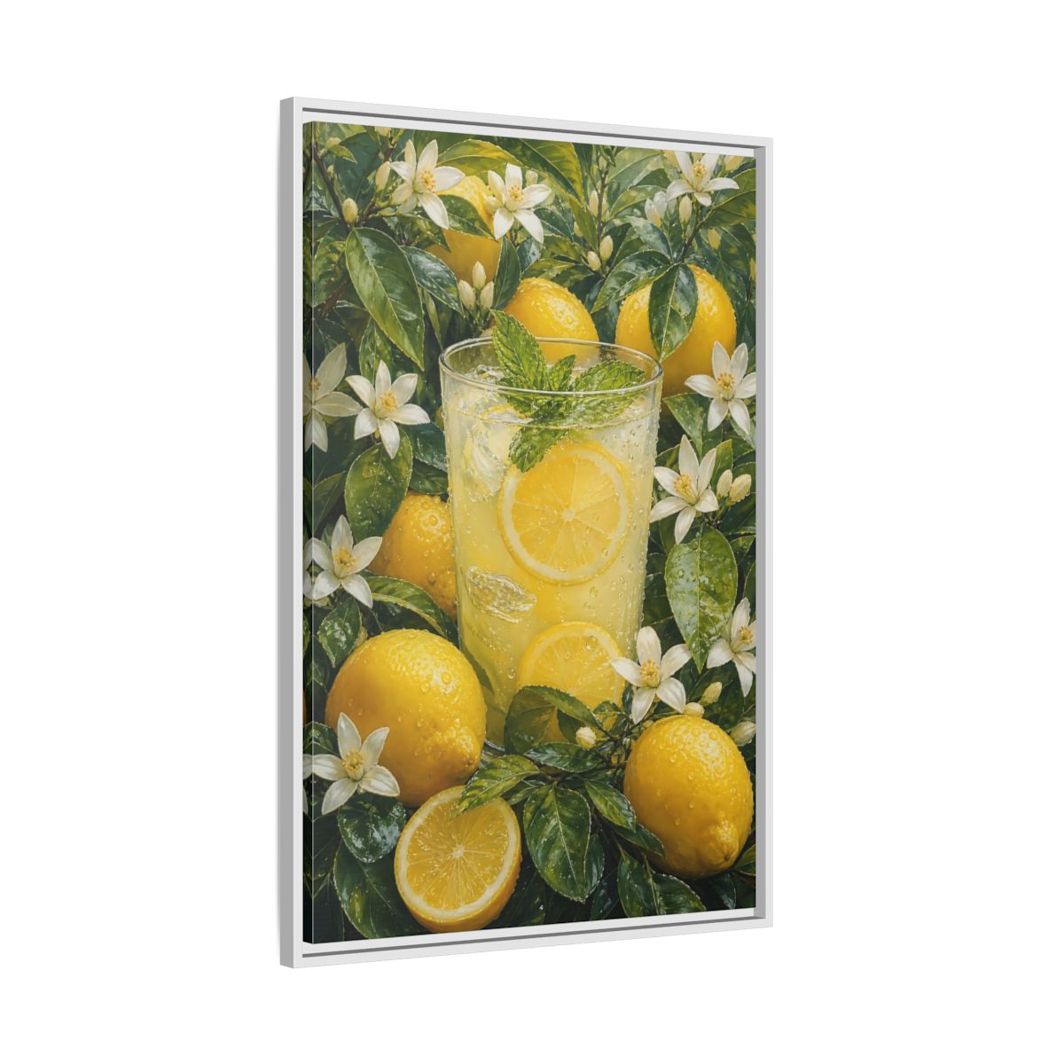 Nature Lemons Lemonade Yellow Framed Canvas Wall Art - Kitchen, Breakfast Nook, Green shown as canvas wall art