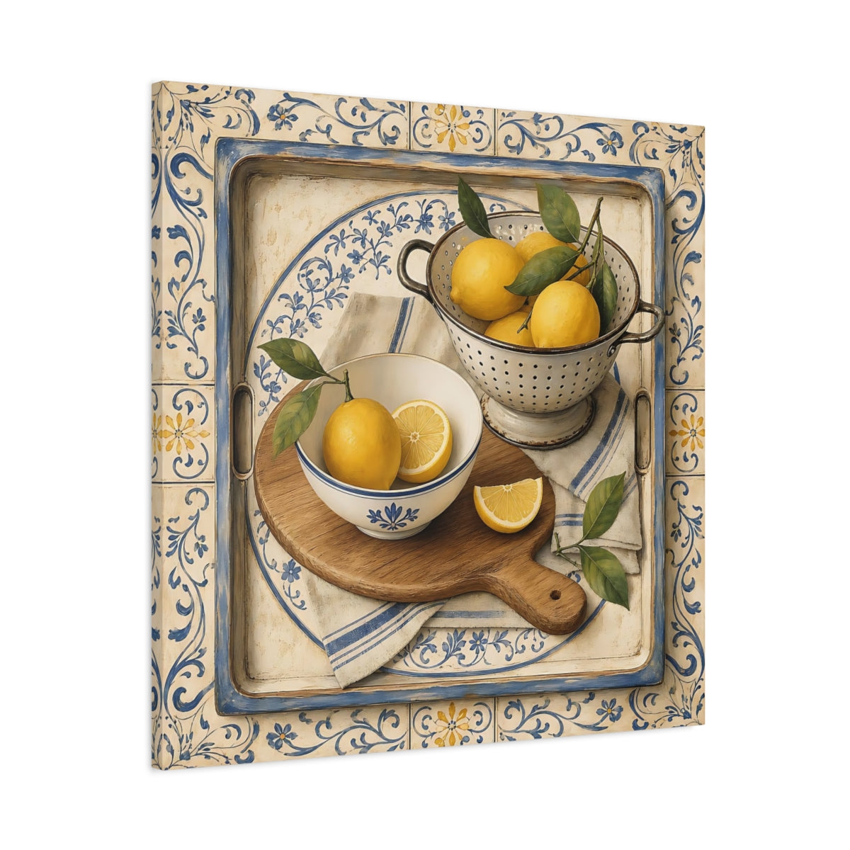 Main Mockup. Nature Lemons Lemons Blue Tile shown as stretched canvas wall art