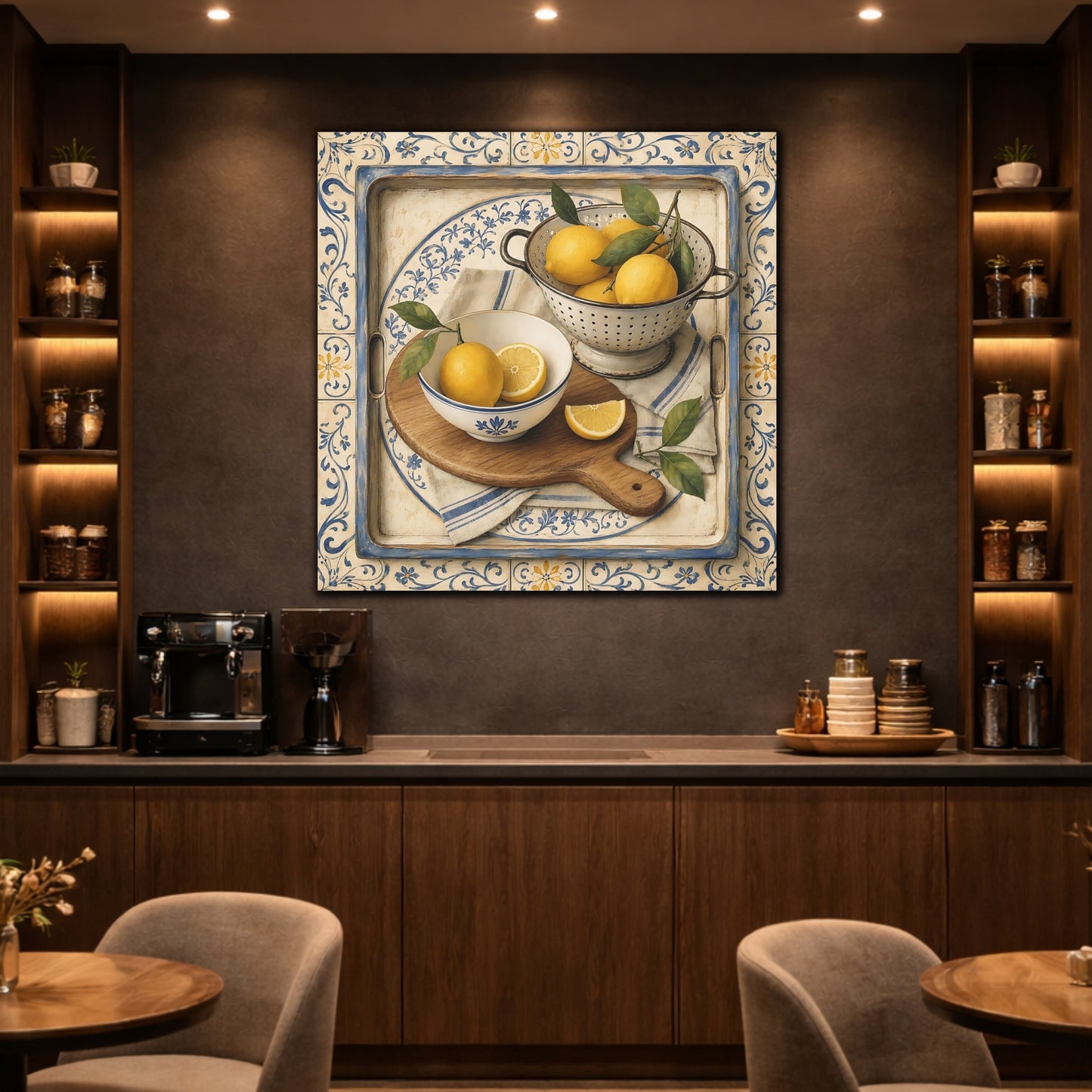 Mockup 2. Nature Lemons Lemons Blue Tile shown as stretched canvas wall art