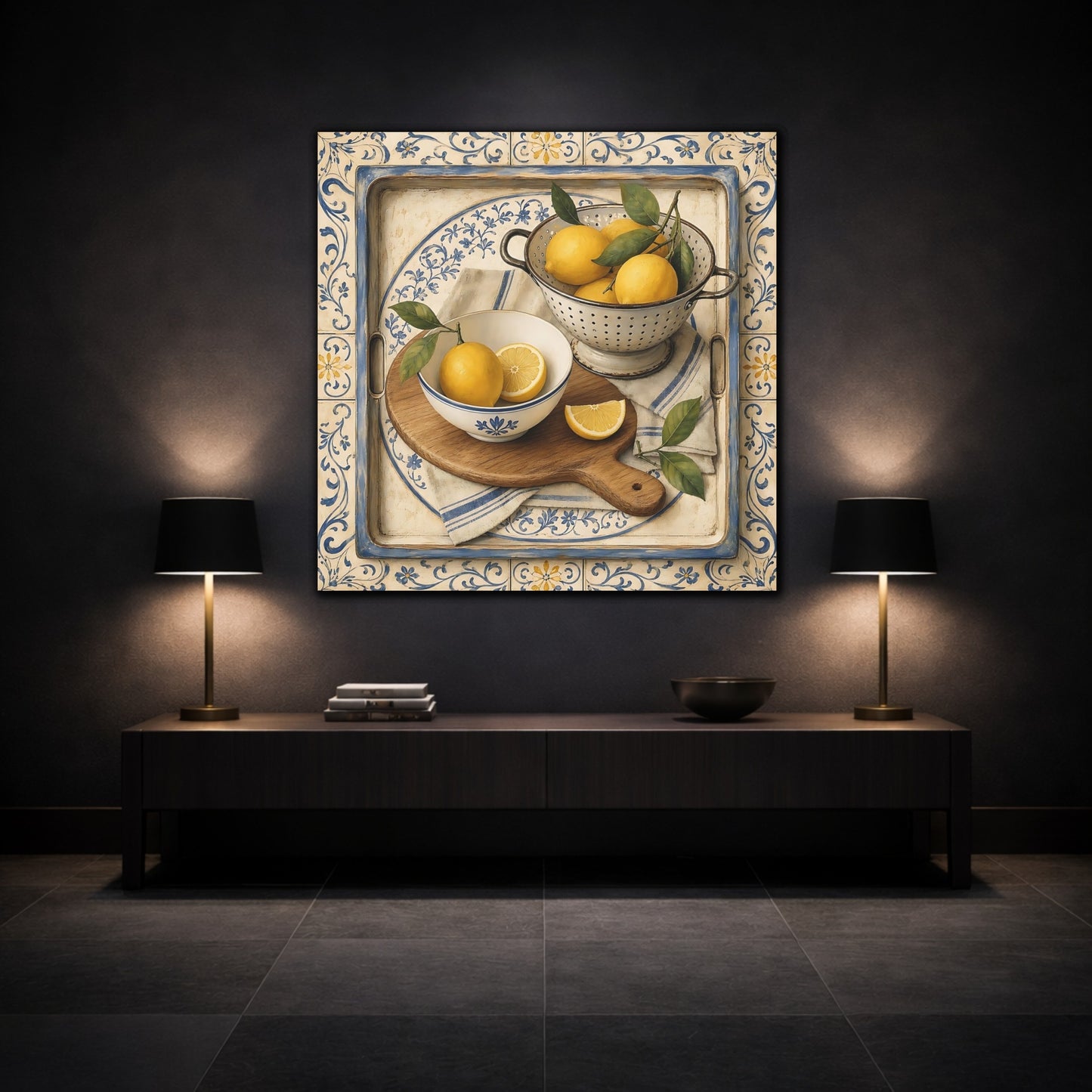 Mockup 3. Nature Lemons Lemons Blue Tile shown as stretched canvas wall art