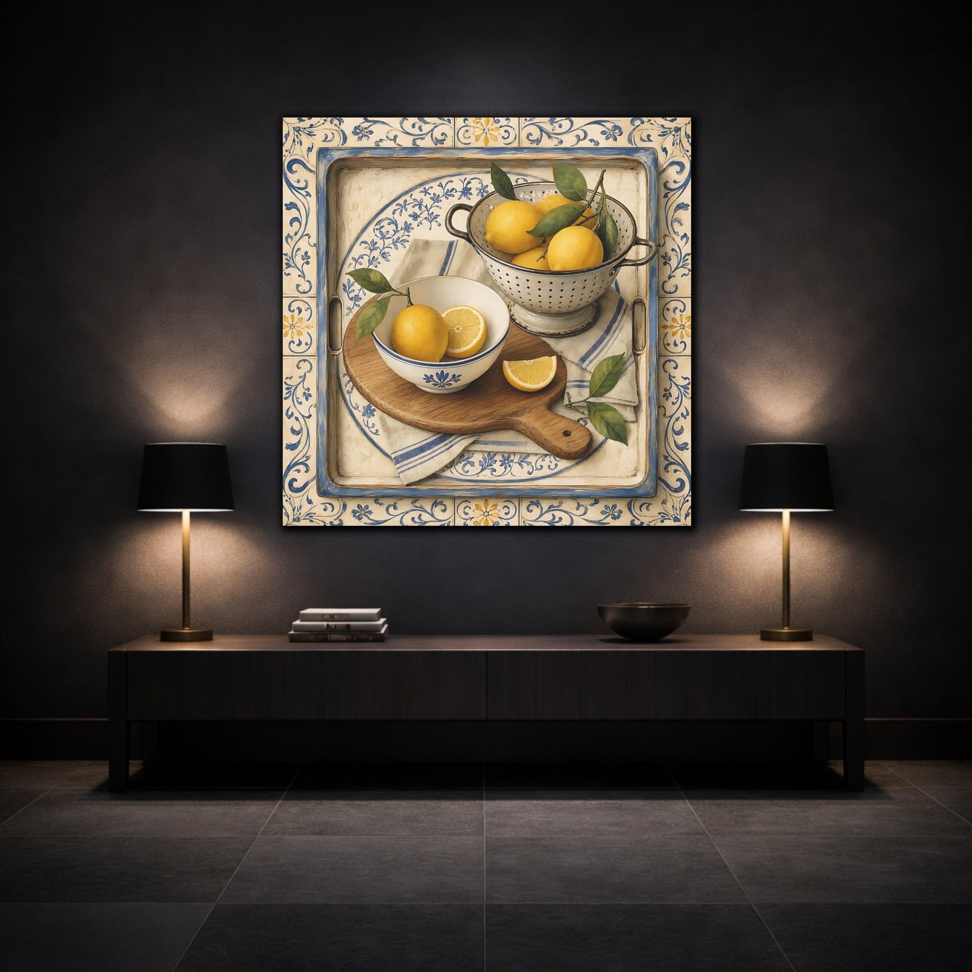 Mockup 3. Nature Lemons Lemons Blue Tile shown as stretched canvas wall art