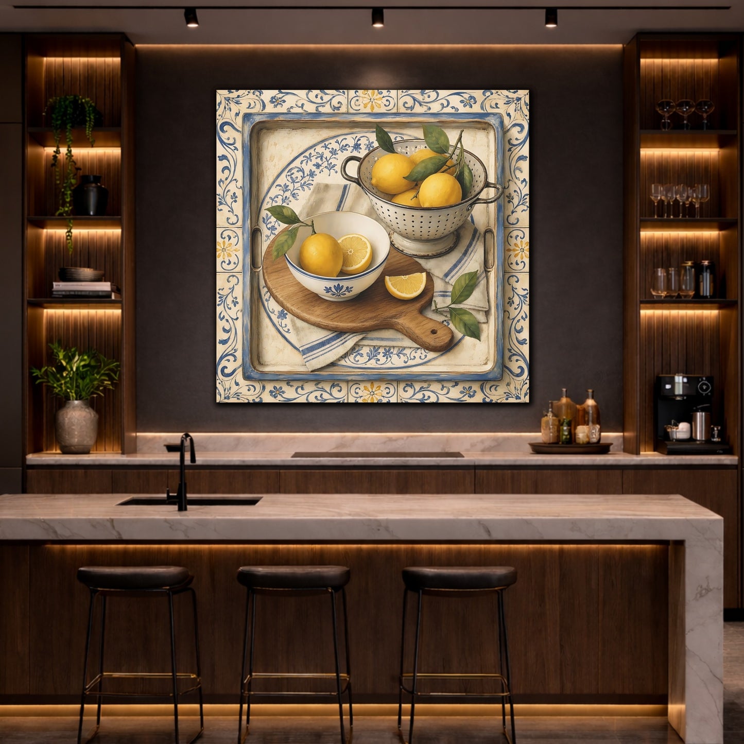 Mockup 4. Nature Lemons Lemons Blue Tile shown as stretched canvas wall art
