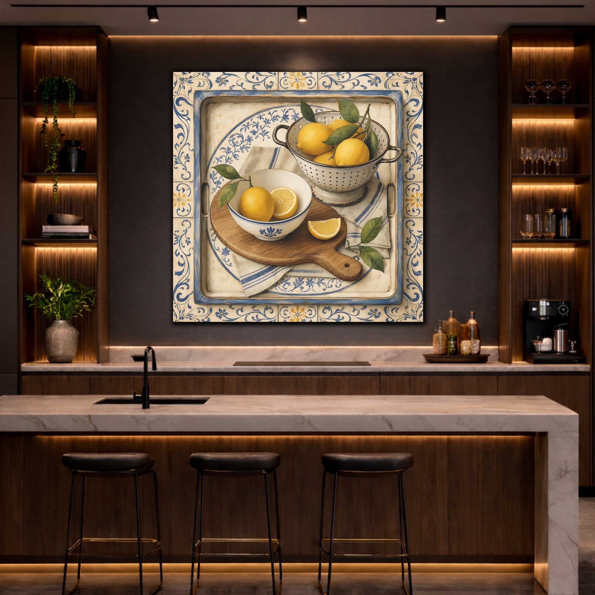 Mockup 4. Nature Lemons Lemons Blue Tile shown as stretched canvas wall art