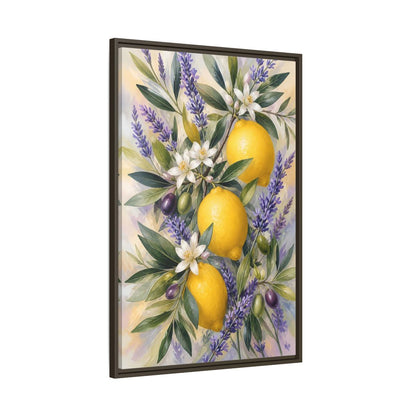 Main Mockup. Nature Lemons Yellow Purple Botanical shown as stretched canvas wall art