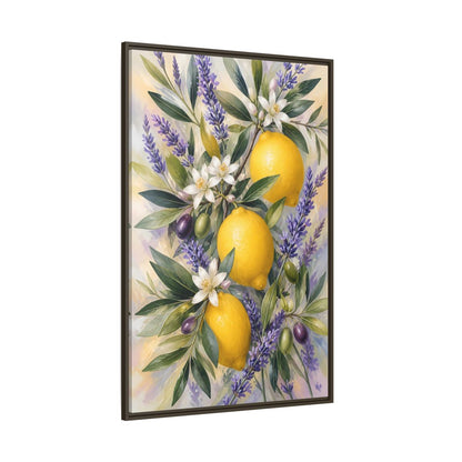 Side Mockup 8. Nature Lemons Yellow Purple Botanical shown as stretched canvas wall art