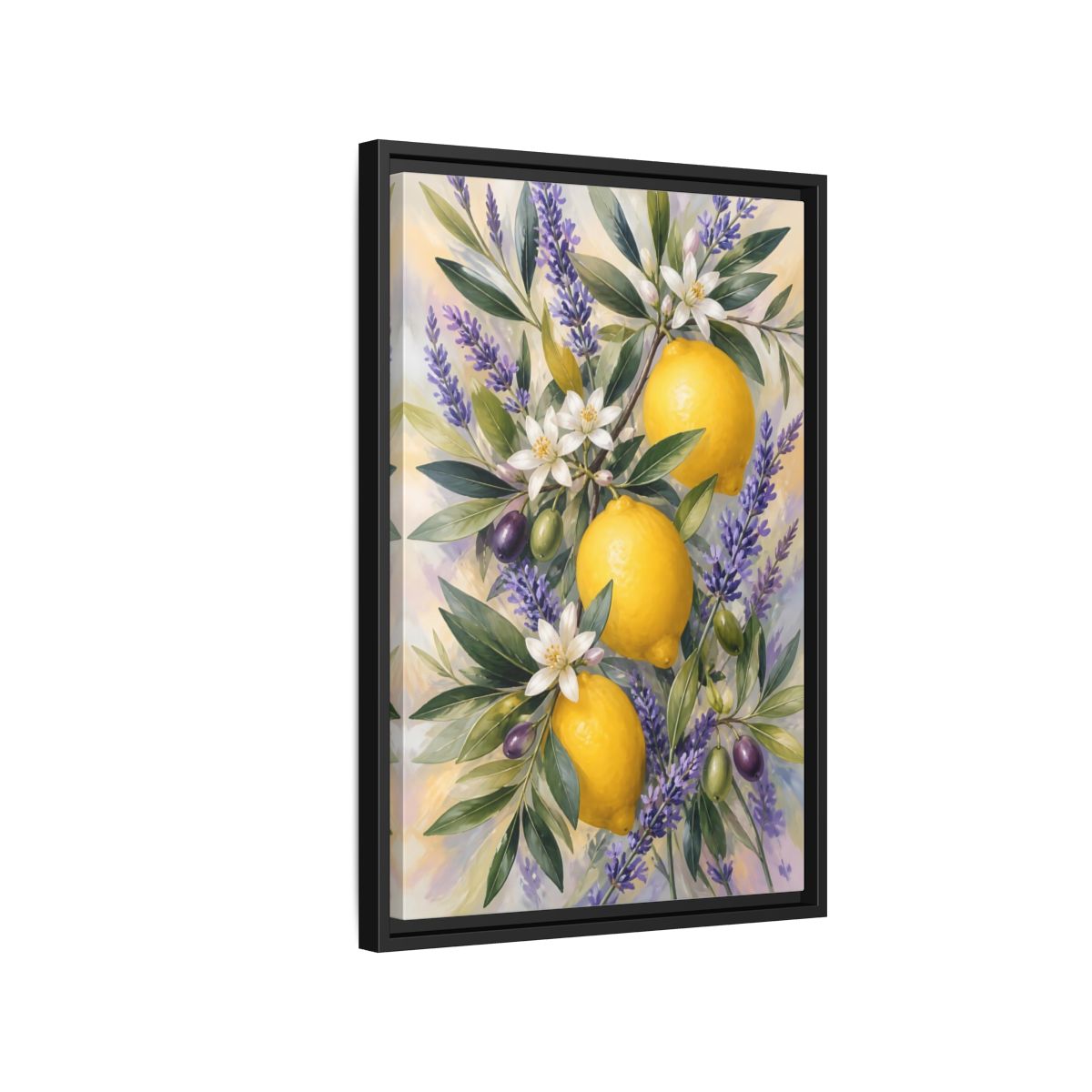 Side Mockup 3. Nature Lemons Yellow Purple Botanical shown as stretched canvas wall art