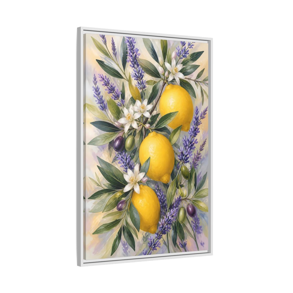 Side Mockup 9. Nature Lemons Yellow Purple Botanical shown as stretched canvas wall art