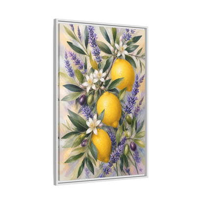 Side Mockup 9. Nature Lemons Yellow Purple Botanical shown as stretched canvas wall art