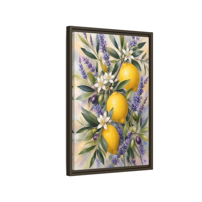 Side Mockup 2. Nature Lemons Yellow Purple Botanical shown as stretched canvas wall art