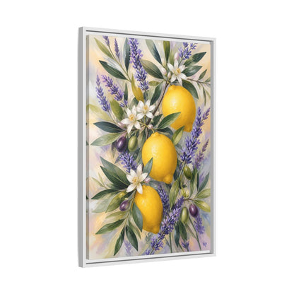 Side Mockup 10. Nature Lemons Yellow Purple Botanical shown as stretched canvas wall art