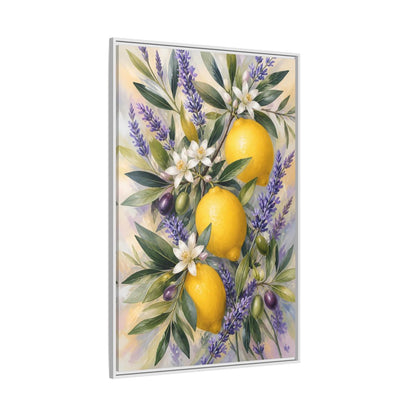 Side Mockup 7. Nature Lemons Yellow Purple Botanical shown as stretched canvas wall art