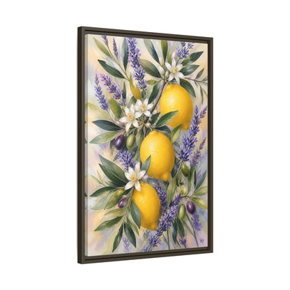 Side Mockup 11. Nature Lemons Yellow Purple Botanical shown as stretched canvas wall art