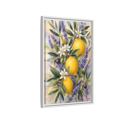 Side Mockup 1. Nature Lemons Yellow Purple Botanical shown as stretched canvas wall art