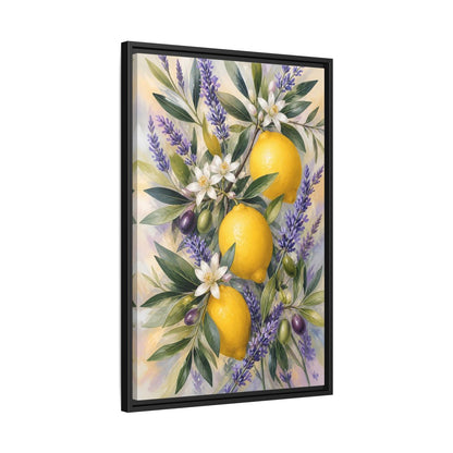 Side Mockup 14. Nature Lemons Yellow Purple Botanical shown as stretched canvas wall art