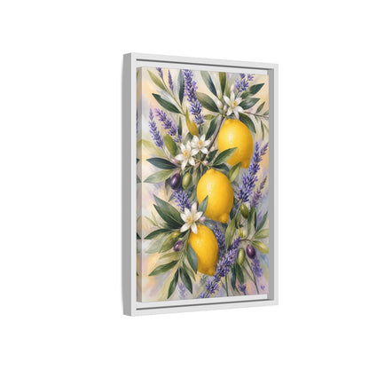 Side Mockup 4. Nature Lemons Yellow Purple Botanical shown as stretched canvas wall art