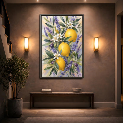 Mockup 2. Nature Lemons Yellow Purple Botanical shown as stretched canvas wall art
