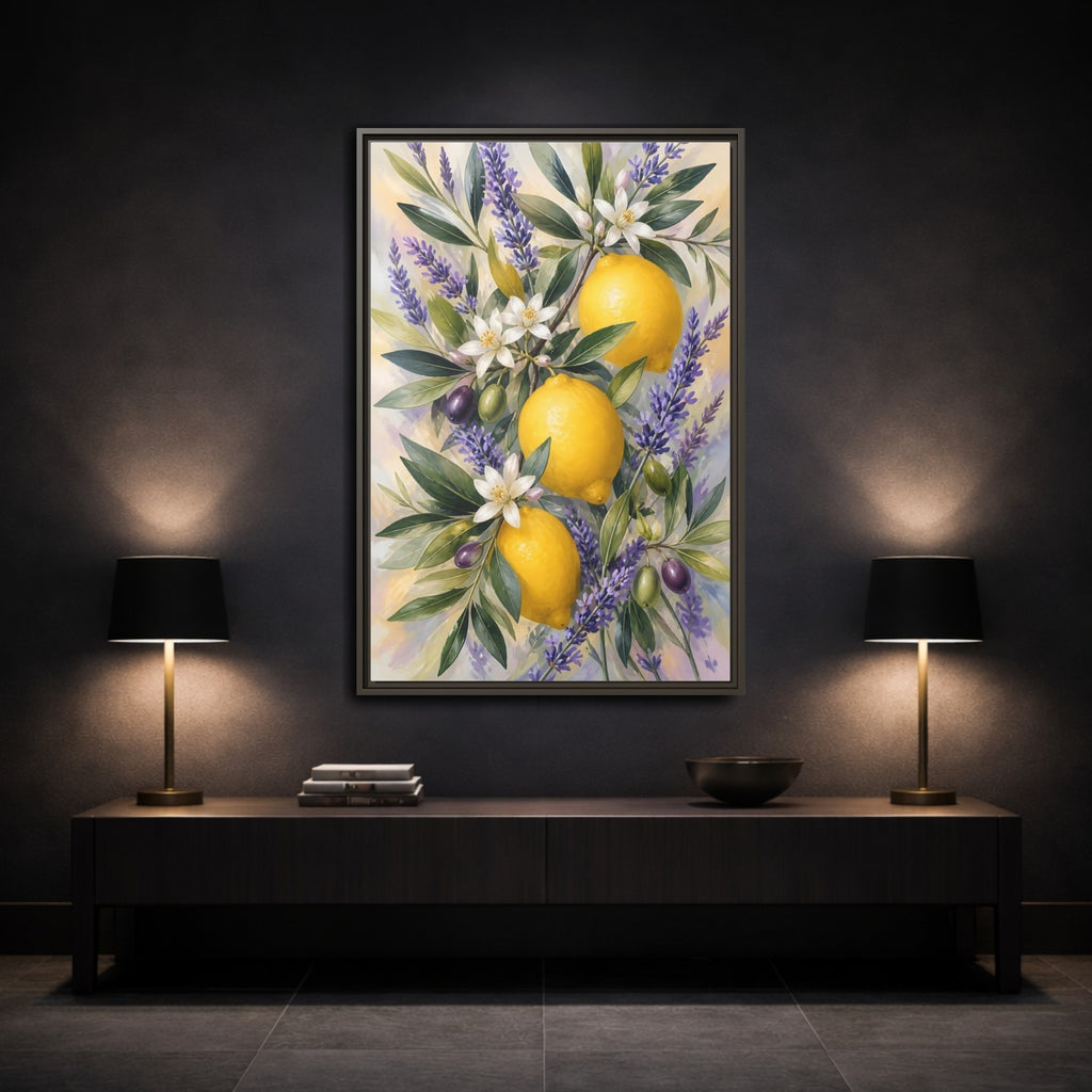 Mockup 3. Nature Lemons Yellow Purple Botanical shown as stretched canvas wall art