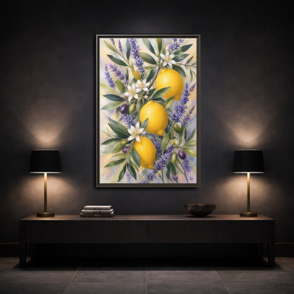 Mockup 3. Nature Lemons Yellow Purple Botanical shown as stretched canvas wall art