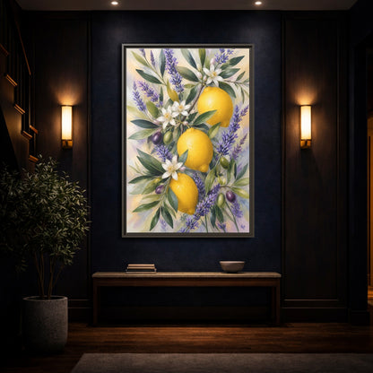 Mockup 4. Nature Lemons Yellow Purple Botanical shown as stretched canvas wall art