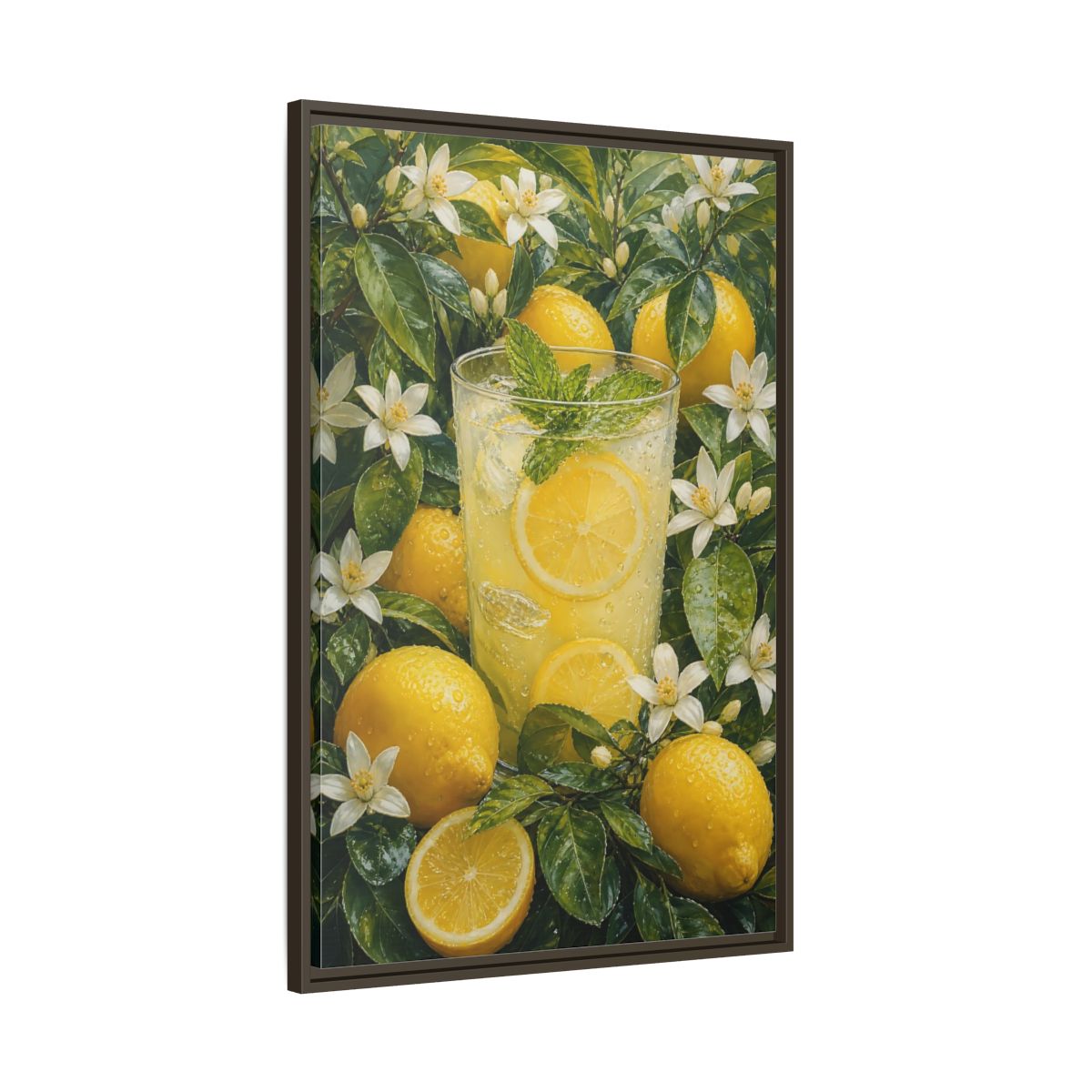Nature Lemons Lemonade Yellow Framed Canvas Wall Art - Kitchen, Breakfast Nook, Green shown as canvas wall art